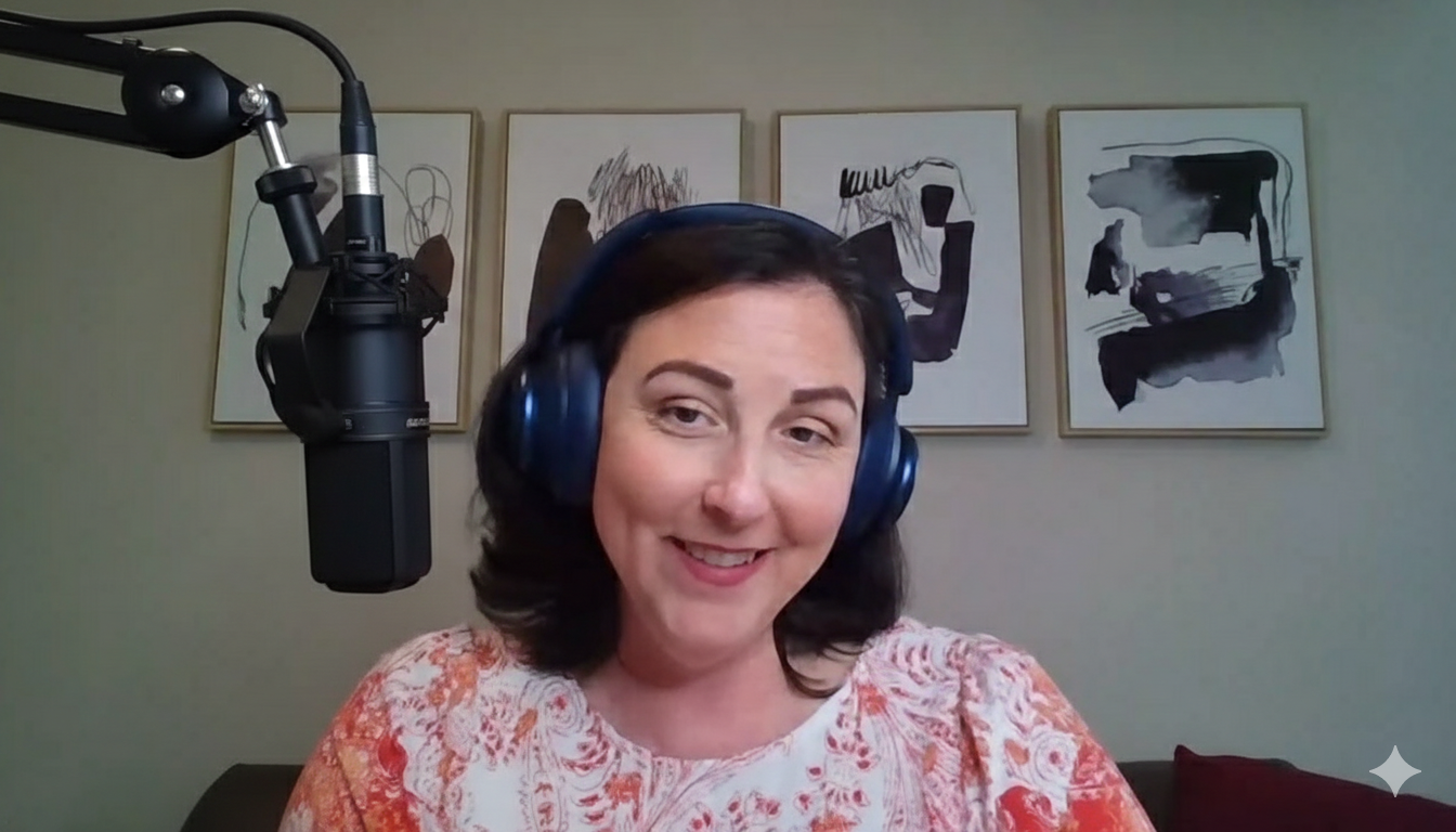 picture of host Sita Romero with headphones and a podcast microphone